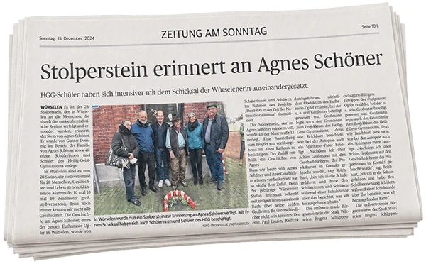 Zeitung am Sonntag: Stolperstein erinnert an Agnes Schöner